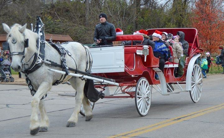 large red four wheeled carraige filled with people pulled by a big white draft horse that has a whit